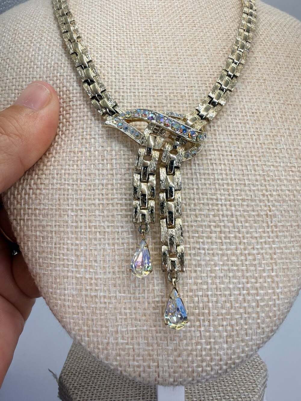 Coro Vintage Gold Tone Rhinestone Tassle Necklace 18 Inch